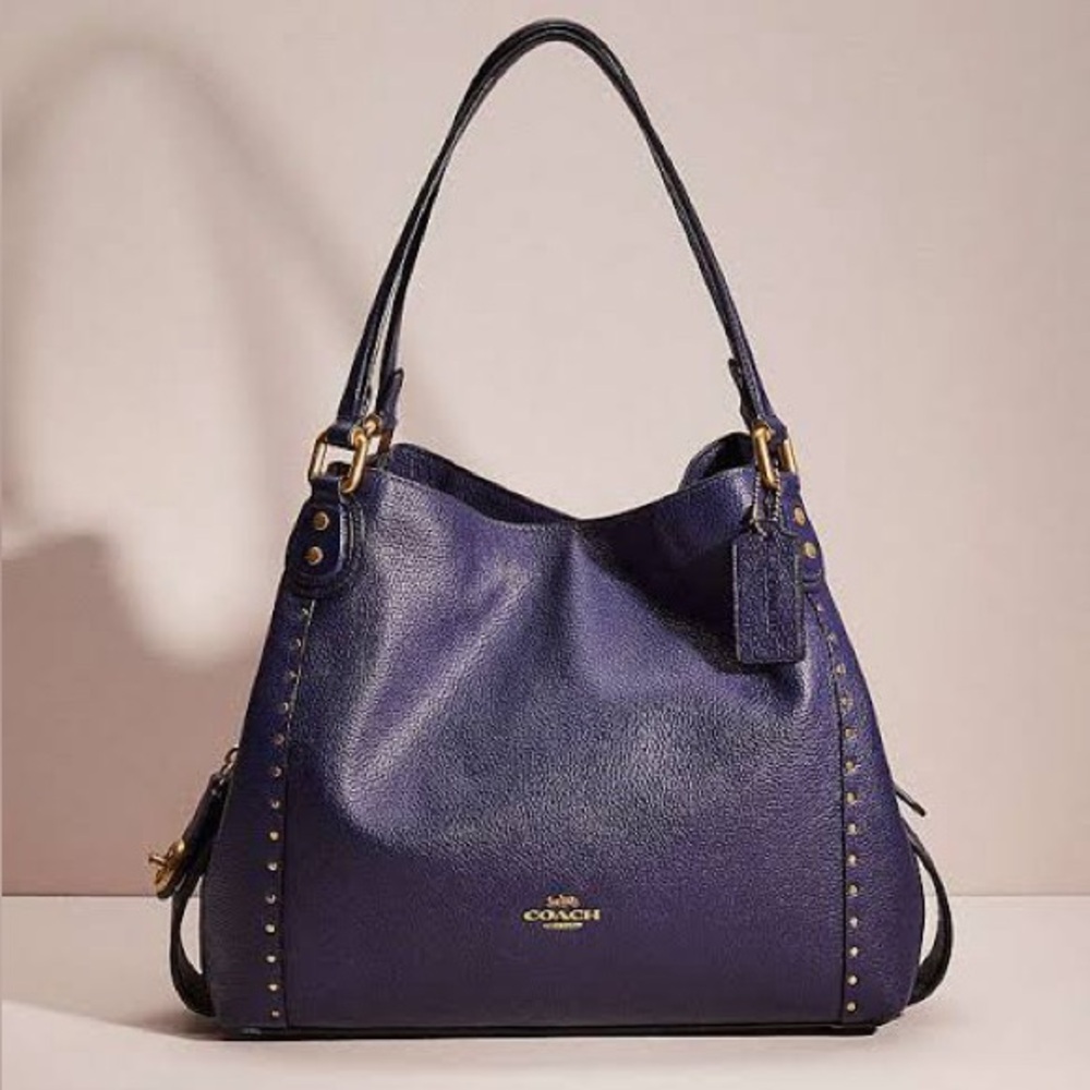 Coach Dark Blue Leather Shoulder Bag with Gold Hardware